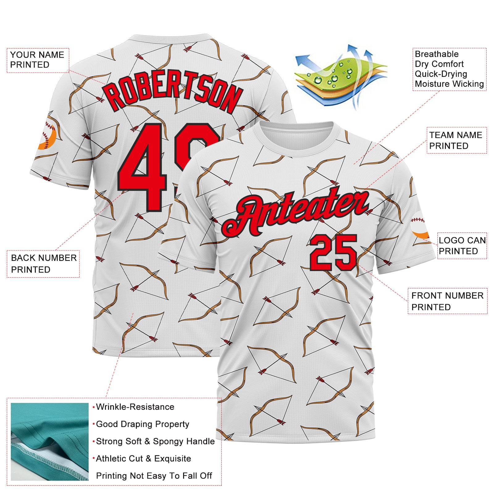 Custom White Fire Red-Black 3D Pattern Design Arrow Archery Bow Target Performance T-Shirt