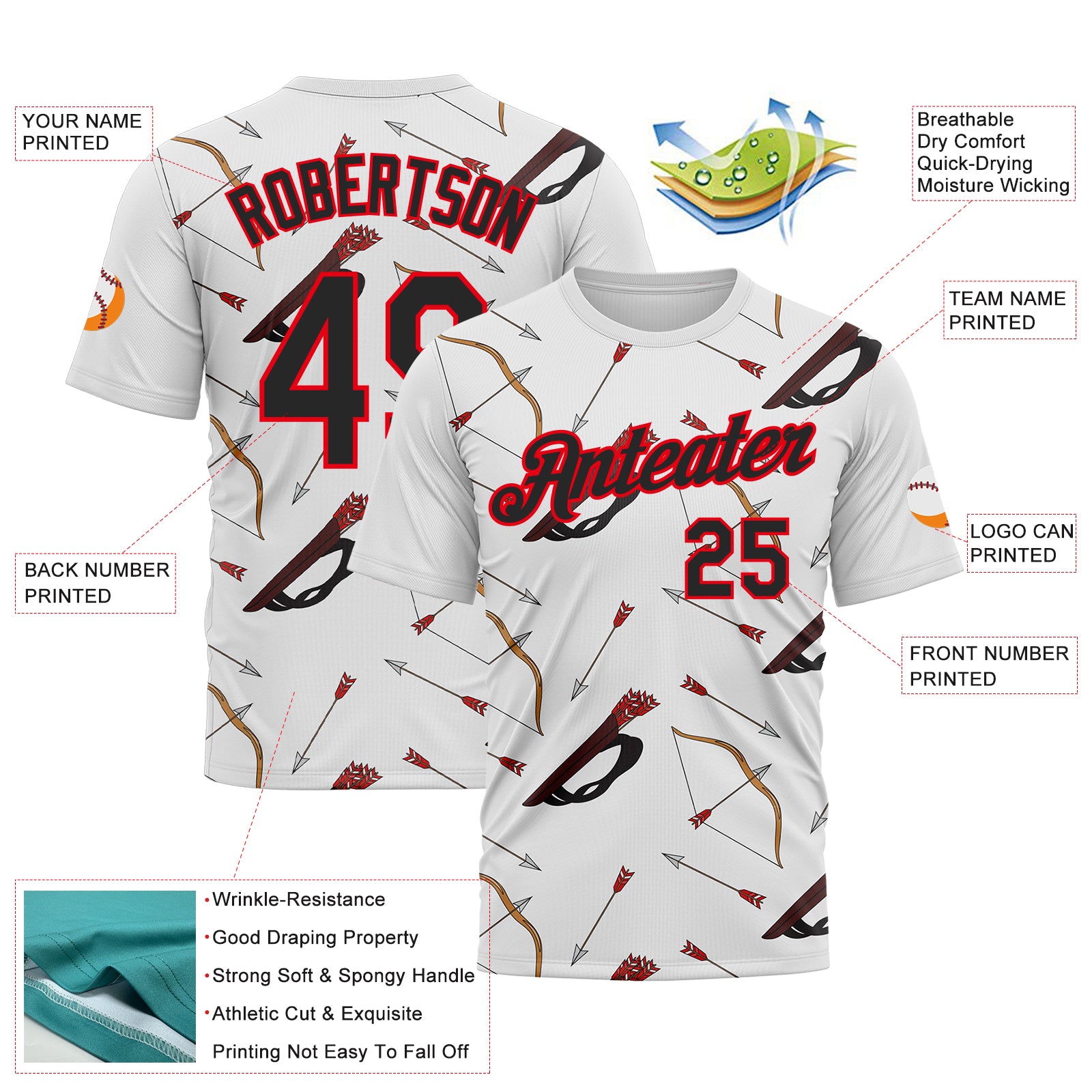 Custom White Black-Fire Red 3D Pattern Design Arrow Archery Bow Target Performance T-Shirt