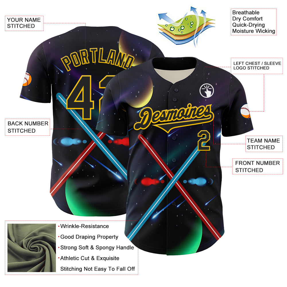 Custom Black Yellow 3D Pattern Design Outer Space Light Swords Authentic Baseball Jersey