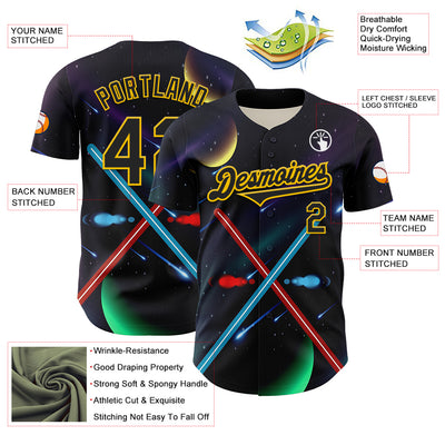 Custom Black Yellow 3D Pattern Design Outer Space Light Swords Authentic Baseball Jersey