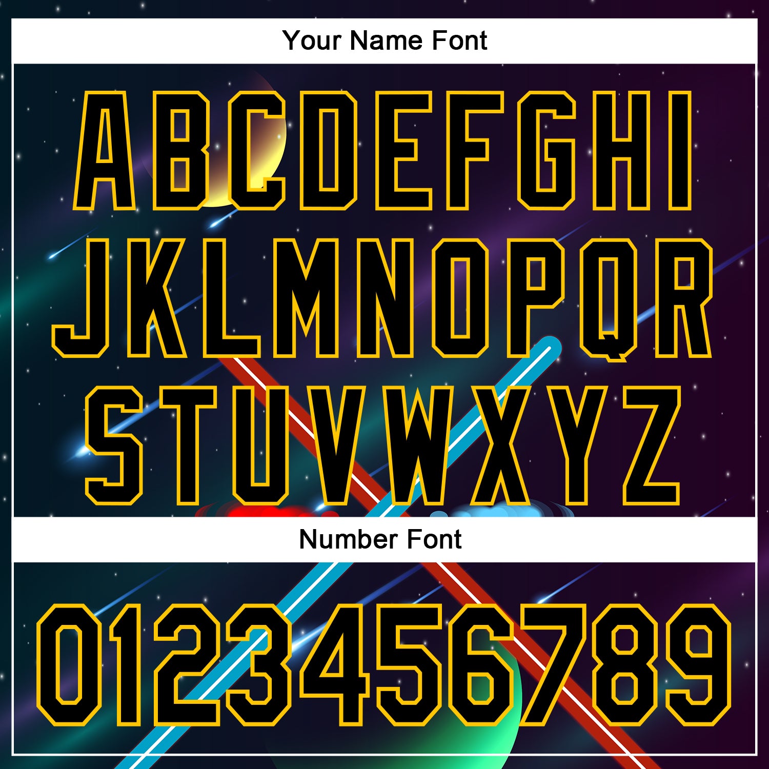 Custom Black Yellow 3D Pattern Design Outer Space Light Swords Authentic Baseball Jersey