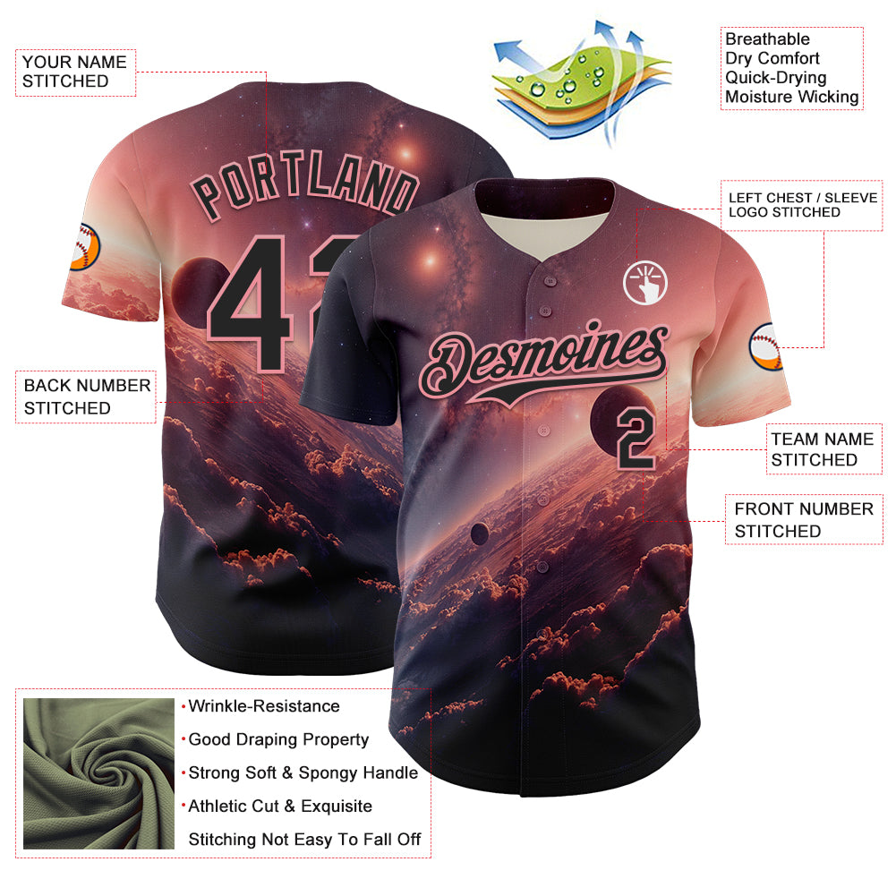 Custom Black Medium Pink 3D Pattern Design Outer Space Solar Authentic Baseball Jersey