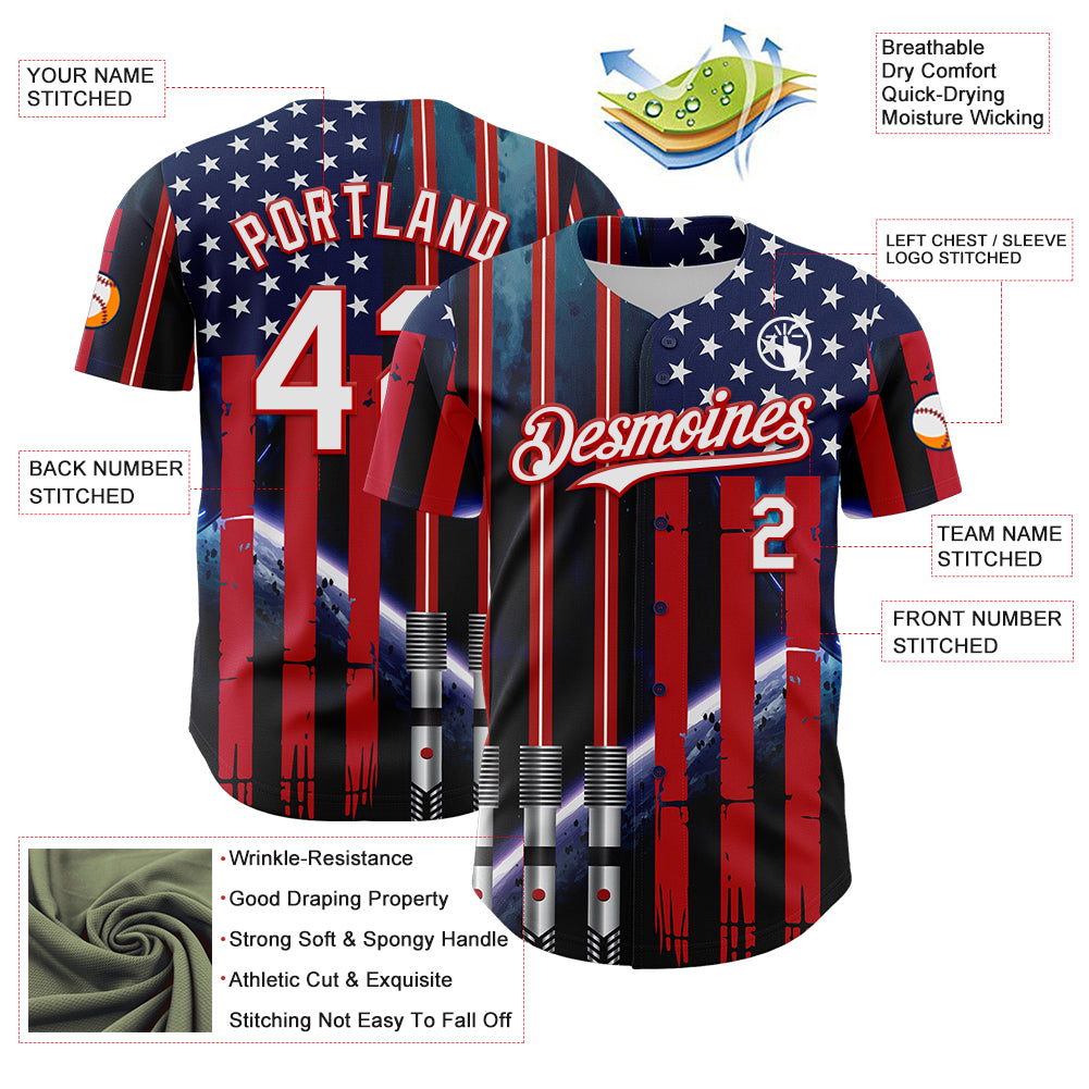 Custom Blue White-Red 3D Pattern Design American Flag Outer Space Light Swords Authentic Baseball Jersey
