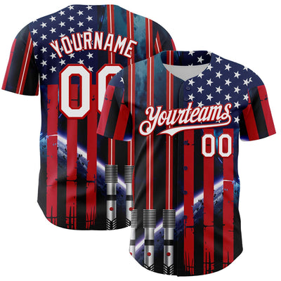 Custom Blue White-Red 3D Pattern Design American Flag Outer Space Light Swords Authentic Baseball Jersey