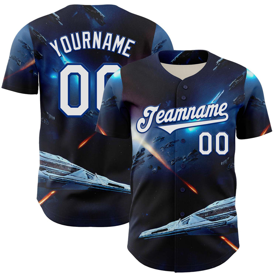 Custom Blue White-Royal 3D Pattern Design Outer Space Starships Authentic Baseball Jersey