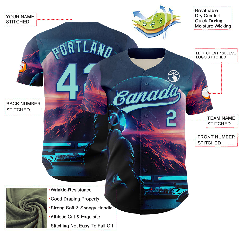 Custom Blue Ice Blue-Royal 3D Pattern Design Outer Space Starships Authentic Baseball Jersey