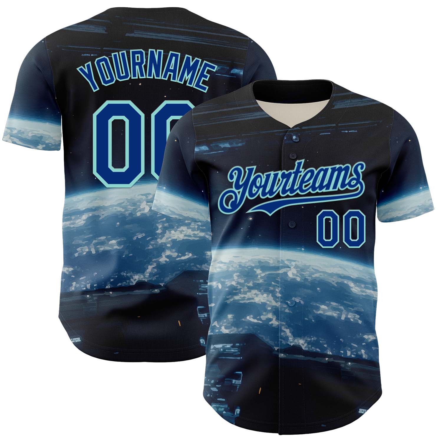 Custom Black Royal-Ice Blue 3D Pattern Design Outer Space Starships Authentic Baseball Jersey