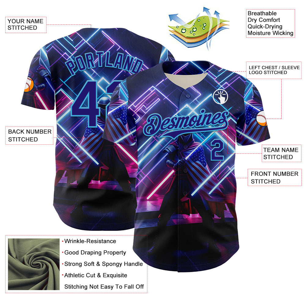 Custom Blue Dark Purple-Sky Blue 3D Pattern Design Outer Space Light Swords American Flag Authentic Baseball Jersey