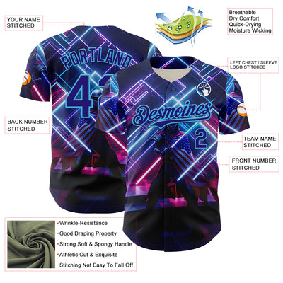 Custom Blue Dark Purple-Sky Blue 3D Pattern Design Outer Space Light Swords American Flag Authentic Baseball Jersey