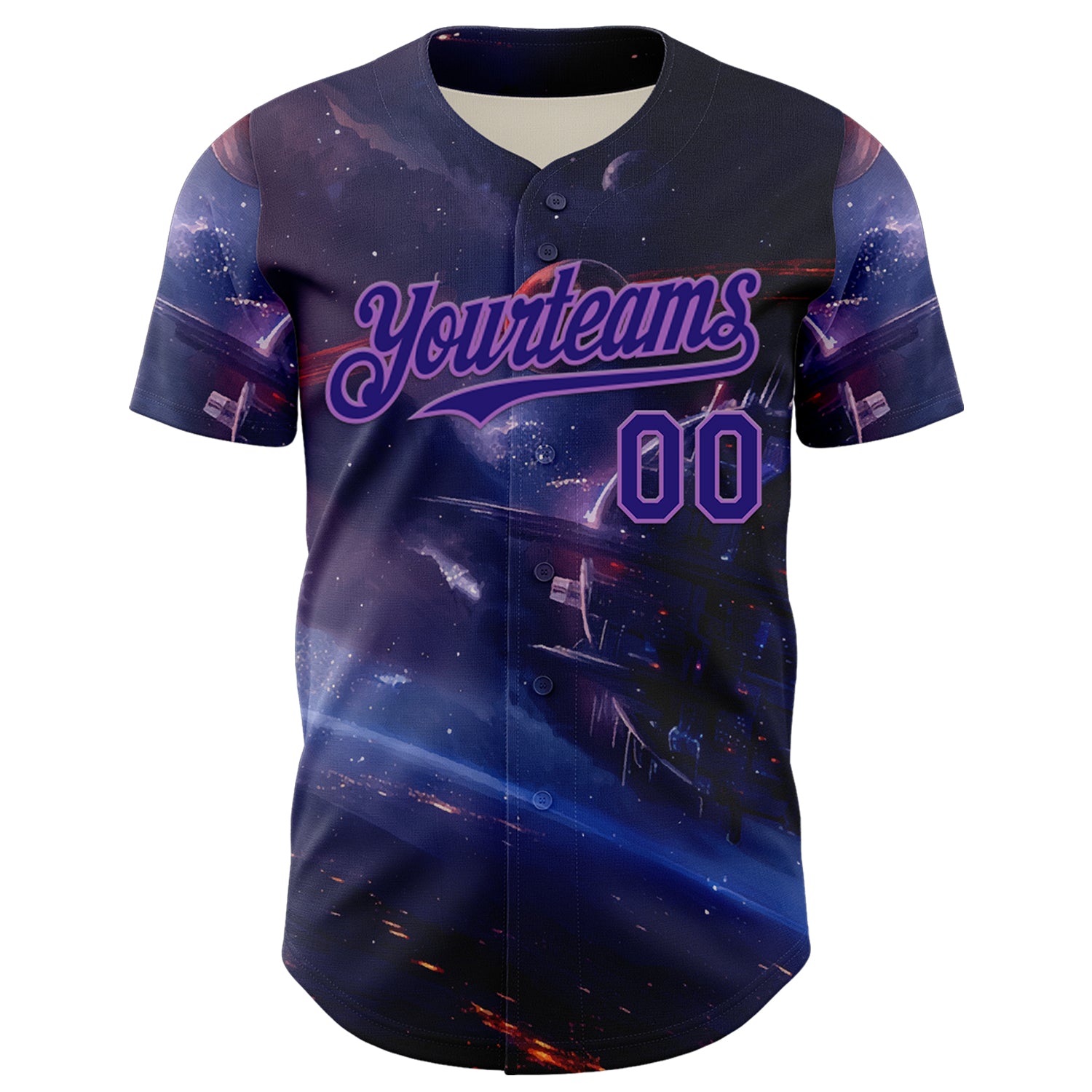 Custom Blue Dark Purple-Medium Purple 3D Pattern Design Outer Space Starships Authentic Baseball Jersey