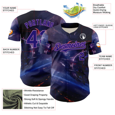 Custom Blue Dark Purple-Medium Purple 3D Pattern Design Outer Space Starships Authentic Baseball Jersey
