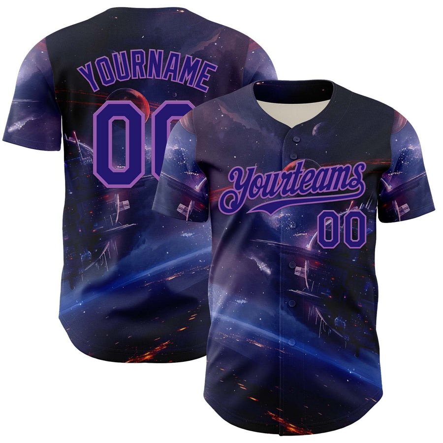 Custom Blue Dark Purple-Medium Purple 3D Pattern Design Outer Space Starships Authentic Baseball Jersey
