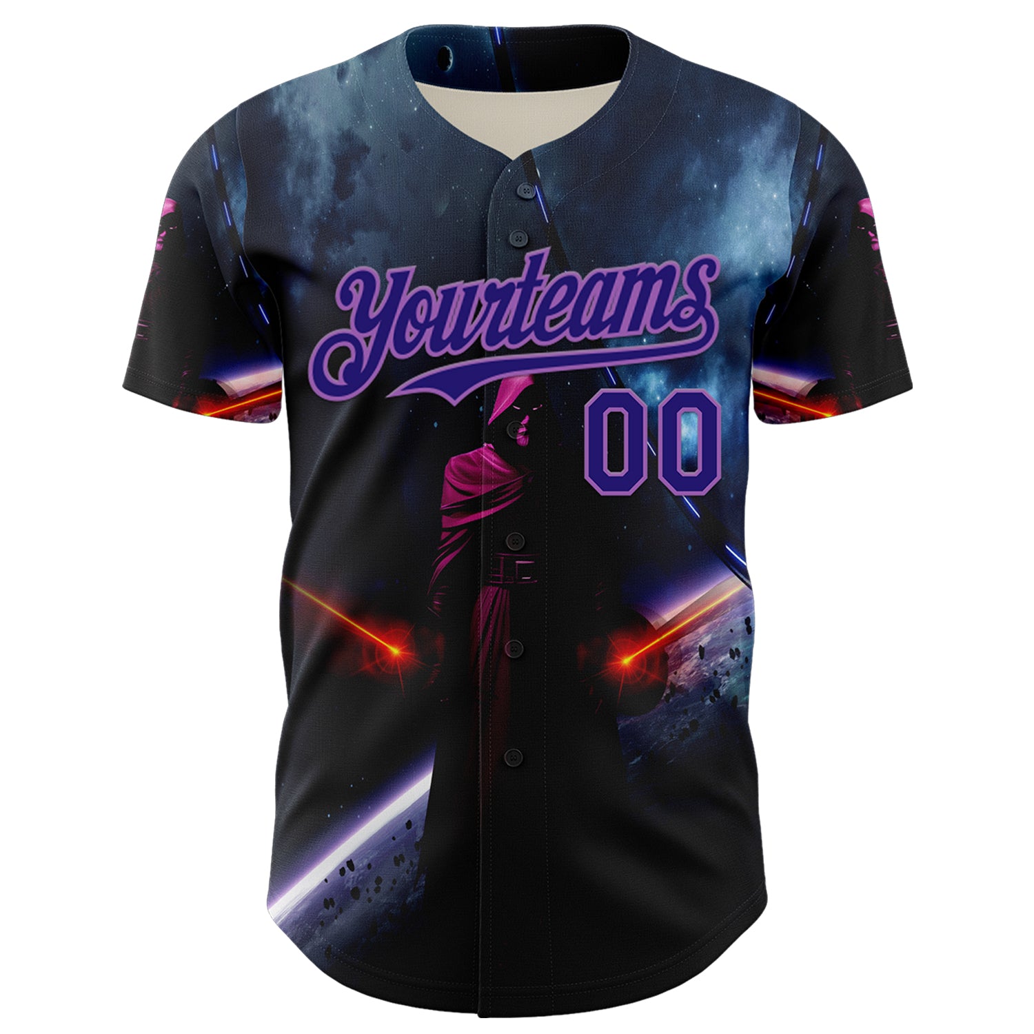 Custom Black Dark Purple-Medium Purple 3D Pattern Design Outer Space Light Swords Authentic Baseball Jersey