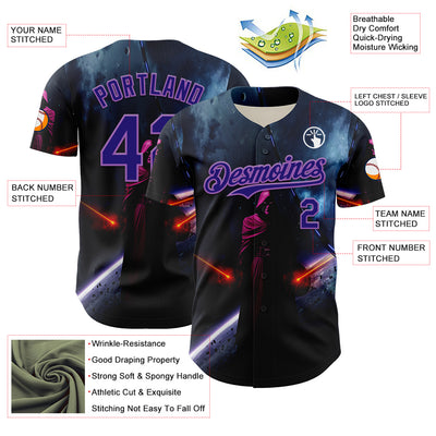 Custom Black Dark Purple-Medium Purple 3D Pattern Design Outer Space Light Swords Authentic Baseball Jersey