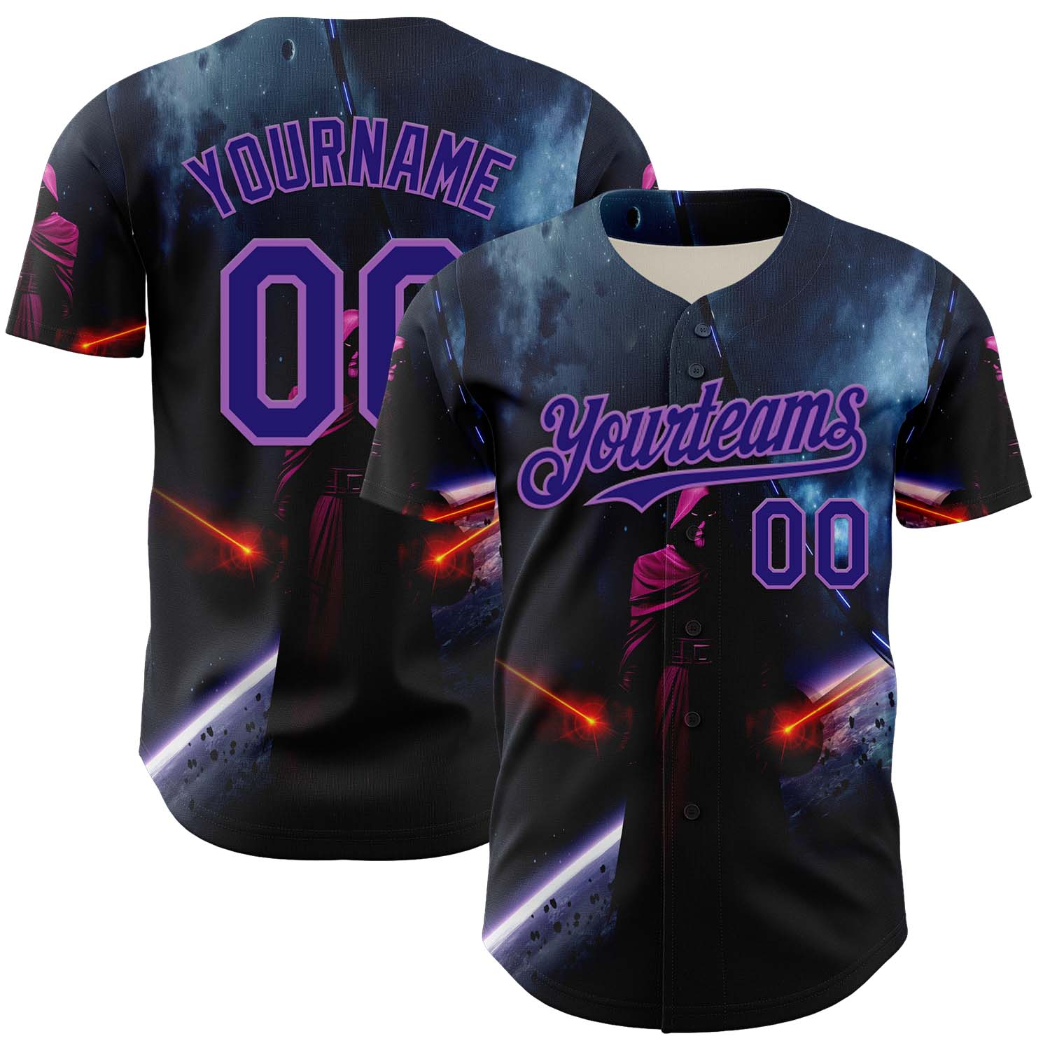 Custom Black Dark Purple-Medium Purple 3D Pattern Design Outer Space Light Swords Authentic Baseball Jersey