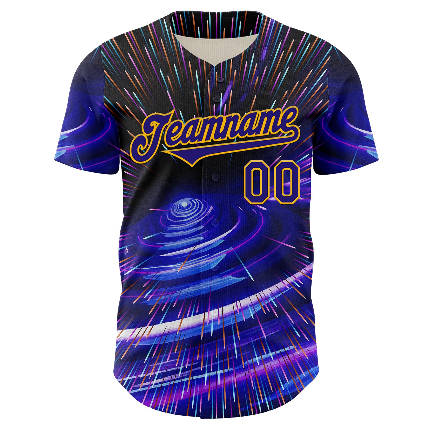 Custom Blue Dark Purple-Gold 3D Pattern Design Outer Space Time Travel Authentic Baseball Jersey