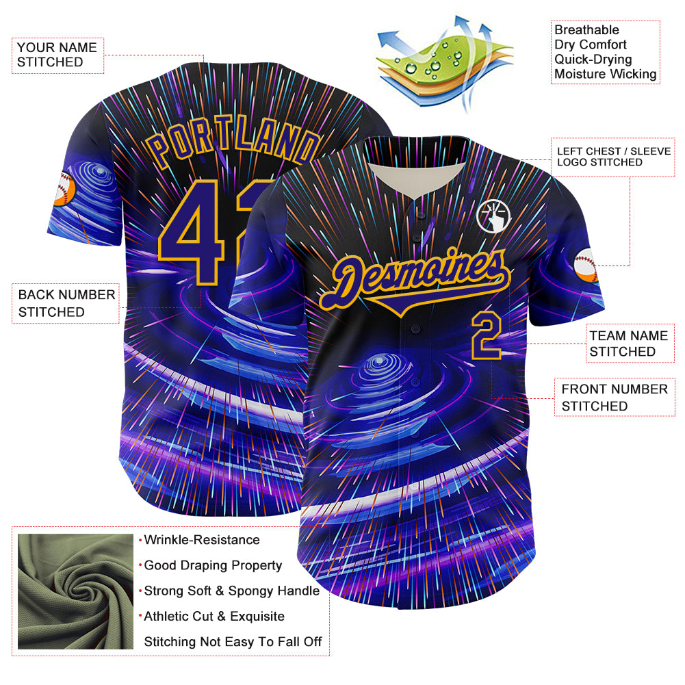 Custom Blue Dark Purple-Gold 3D Pattern Design Outer Space Time Travel Authentic Baseball Jersey