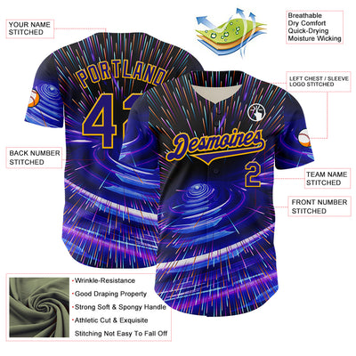 Custom Blue Dark Purple-Gold 3D Pattern Design Outer Space Time Travel Authentic Baseball Jersey