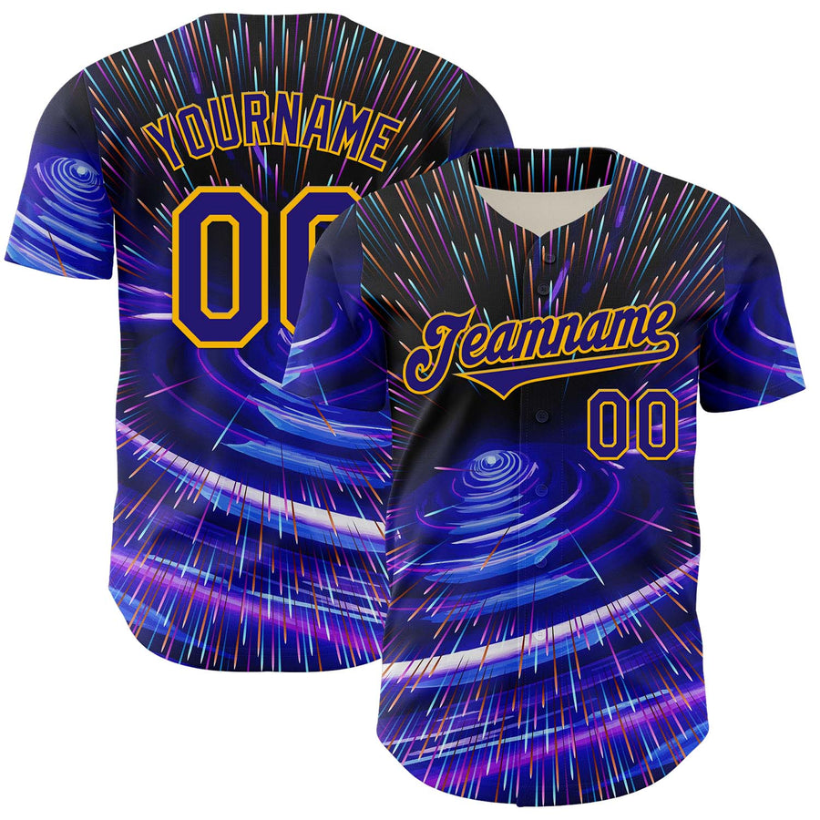 Custom Blue Dark Purple-Gold 3D Pattern Design Outer Space Time Travel Authentic Baseball Jersey