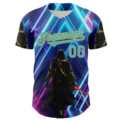 Custom Blue Sky Blue-Gold 3D Pattern Design Outer Space Light Swords Authentic Baseball Jersey