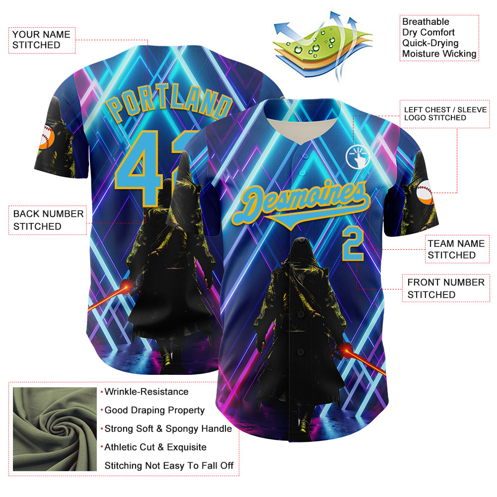Custom Blue Sky Blue-Gold 3D Pattern Design Outer Space Light Swords Authentic Baseball Jersey