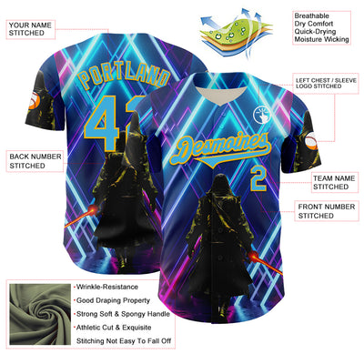 Custom Blue Sky Blue-Gold 3D Pattern Design Outer Space Light Swords Authentic Baseball Jersey