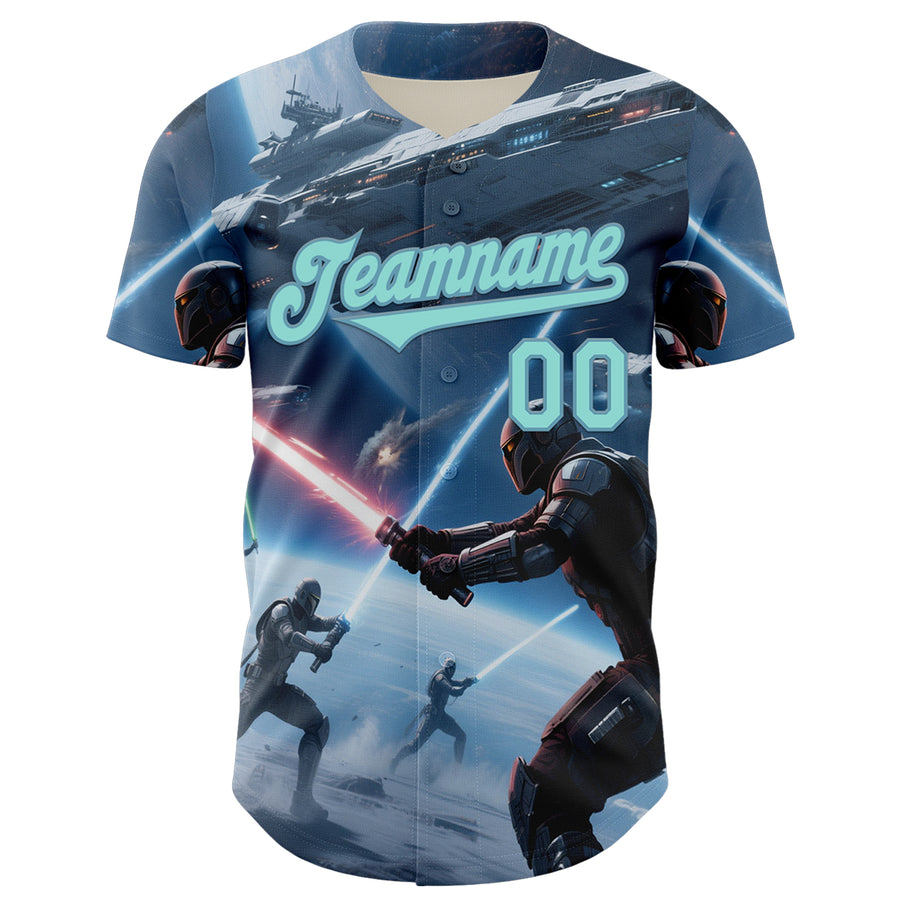 Custom Blue Ice Blue-Shadow Blue 3D Pattern Design Outer Space Light Swords Starships Authentic Baseball Jersey