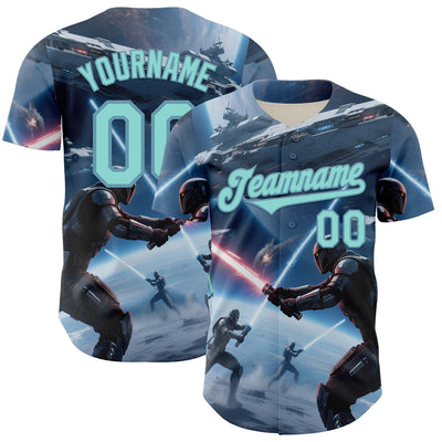 Custom Blue Ice Blue-Shadow Blue 3D Pattern Design Outer Space Light Swords Starships Authentic Baseball Jersey