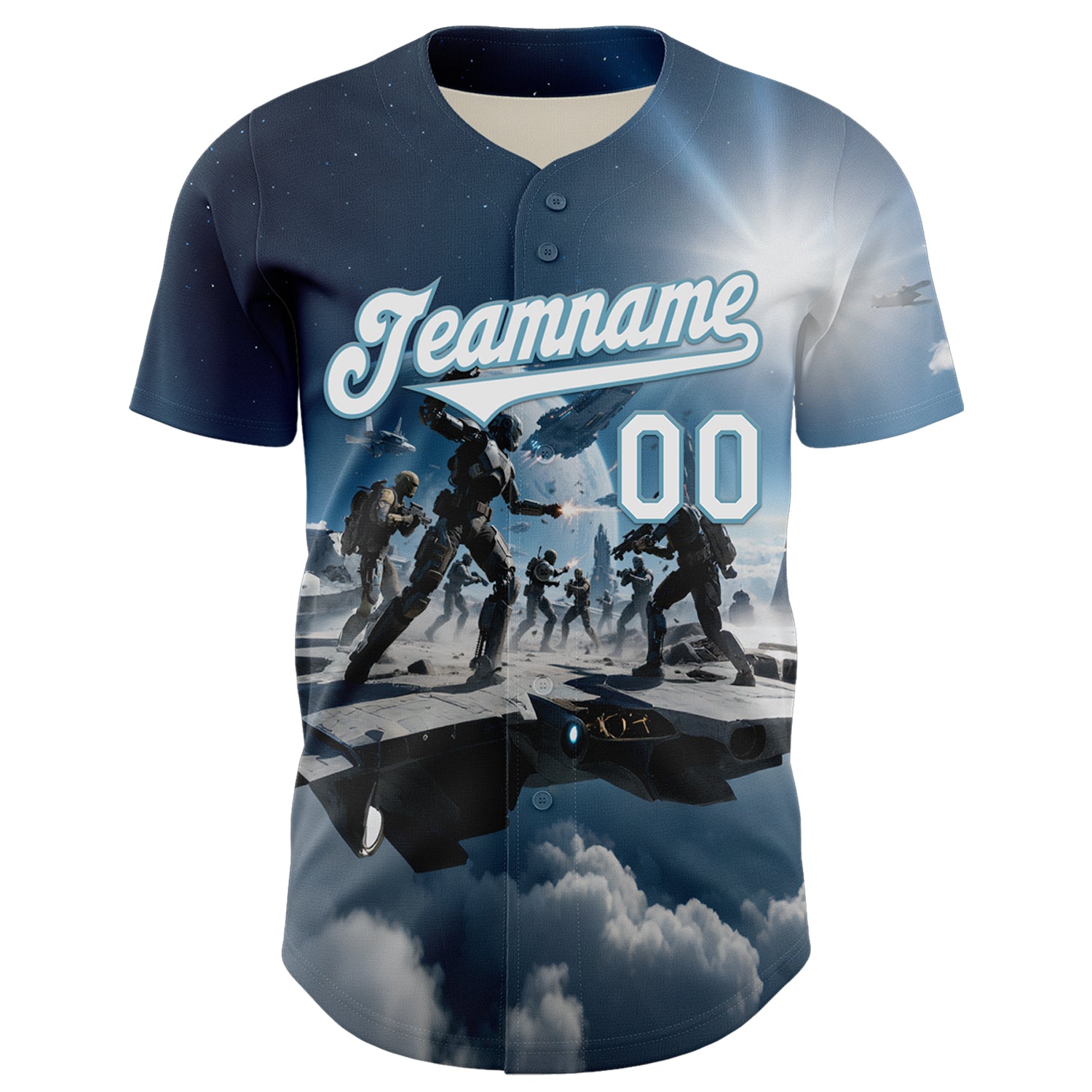 Custom Blue White-Shadow Blue 3D Pattern Design Outer Space Light Swords Authentic Baseball Jersey