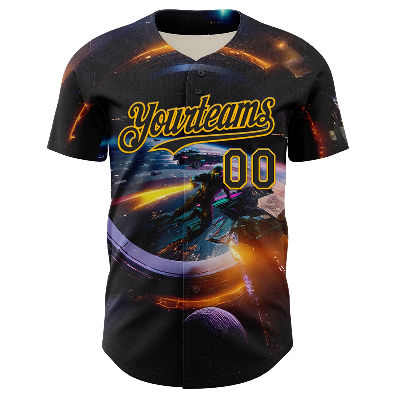 Custom Black Gold 3D Pattern Design Outer Space Light Swords Starships Authentic Baseball Jersey