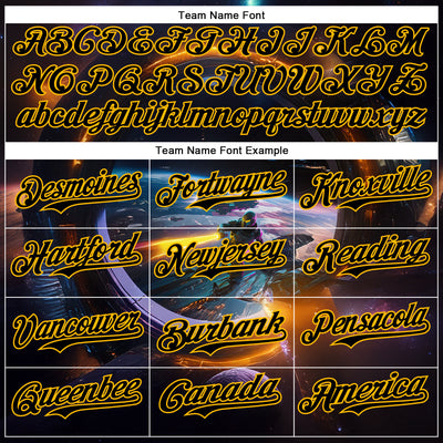 Custom Black Gold 3D Pattern Design Outer Space Light Swords Starships Authentic Baseball Jersey