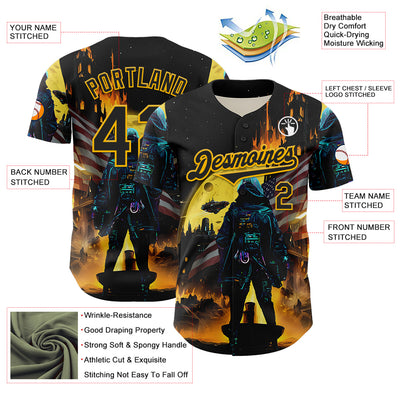 Custom Black Gold 3D Pattern Design Outer Space Starships American Flag Authentic Baseball Jersey