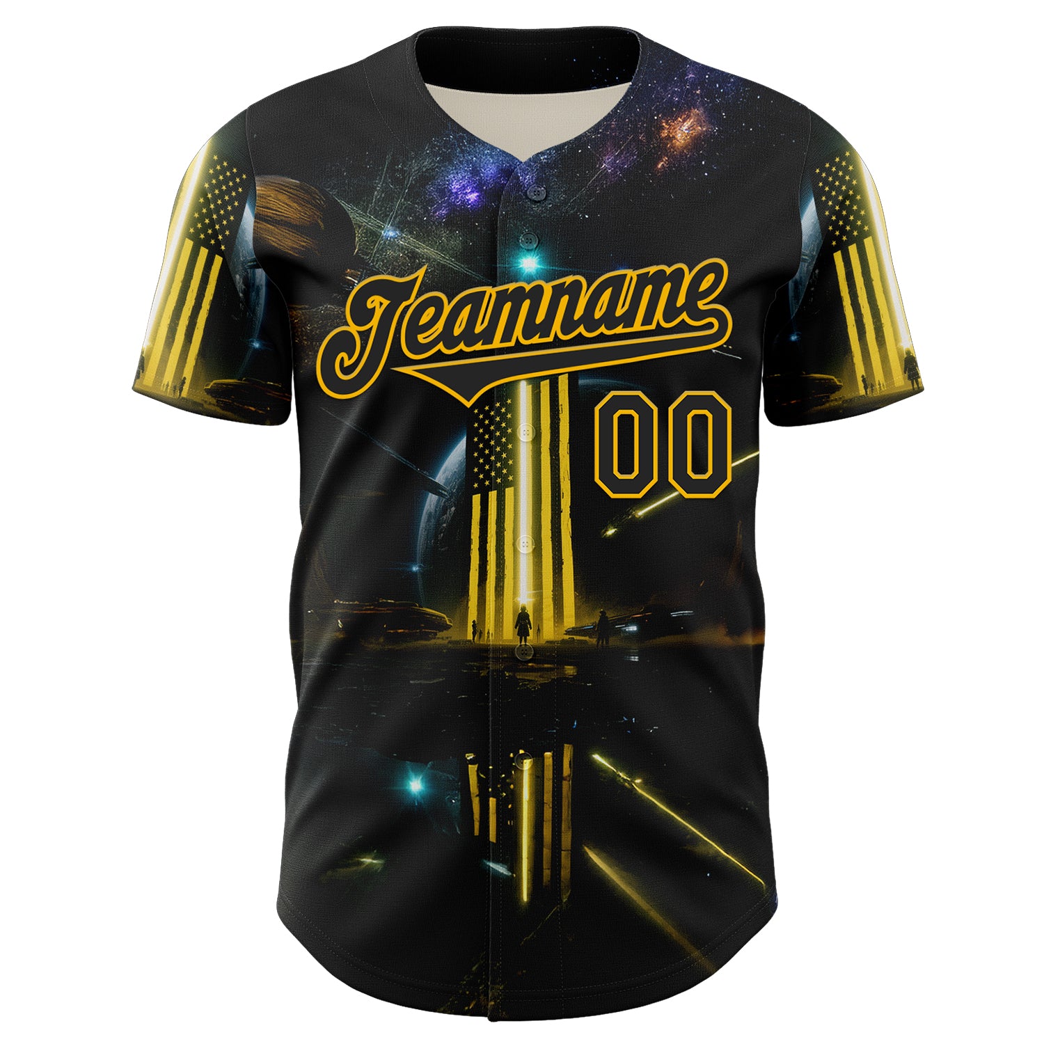 Custom Black Gold 3D Pattern Design Outer Space Light Swords American Flag Authentic Baseball Jersey