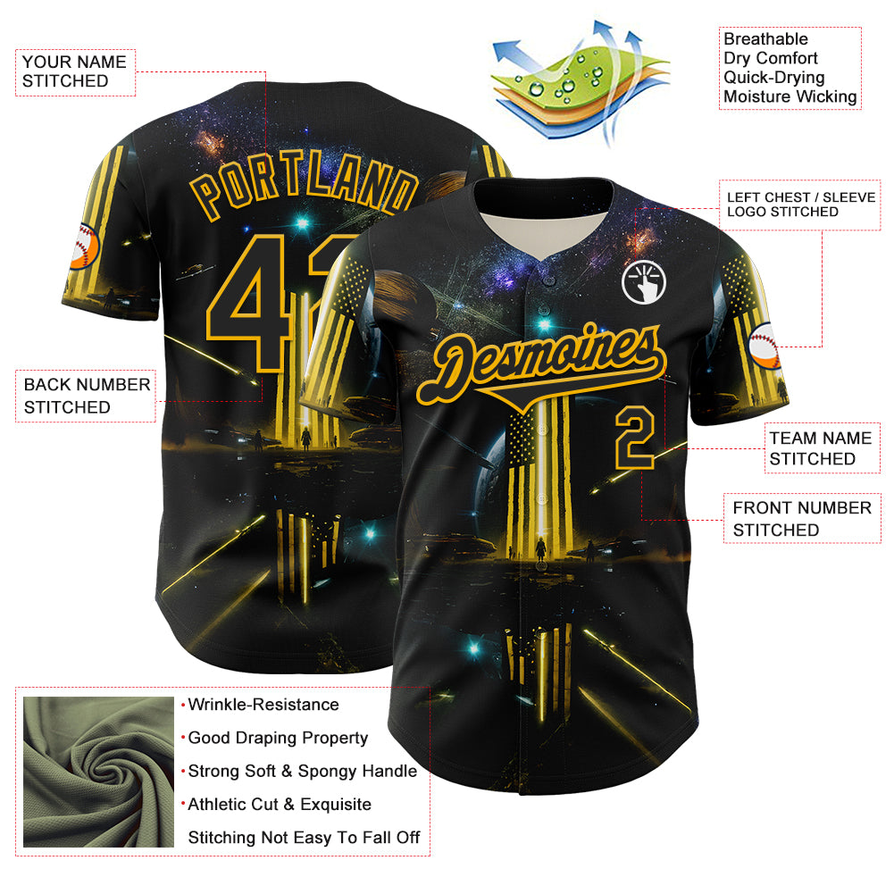 Custom Black Gold 3D Pattern Design Outer Space Light Swords American Flag Authentic Baseball Jersey