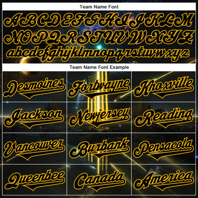 Custom Black Gold 3D Pattern Design Outer Space Light Swords American Flag Authentic Baseball Jersey