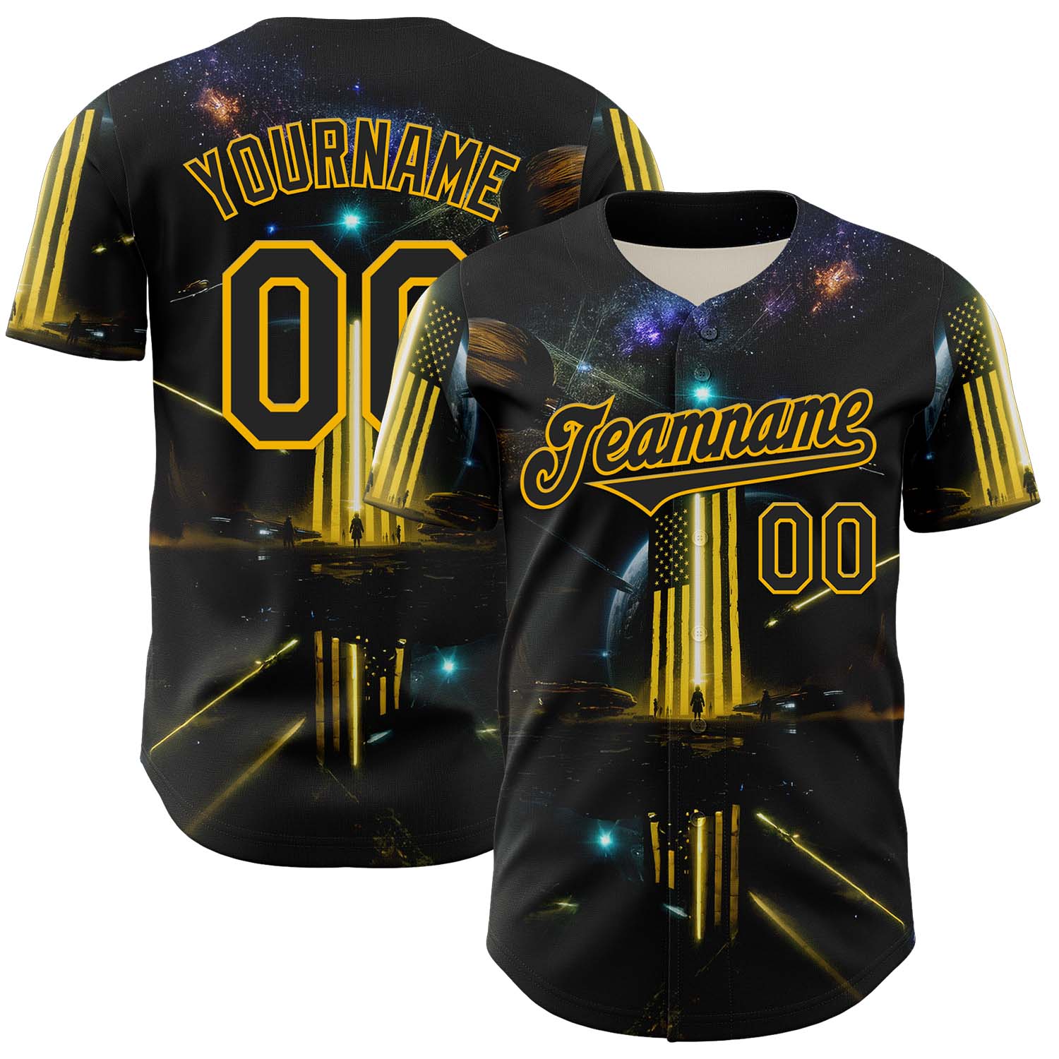 Custom Black Gold 3D Pattern Design Outer Space Light Swords American Flag Authentic Baseball Jersey