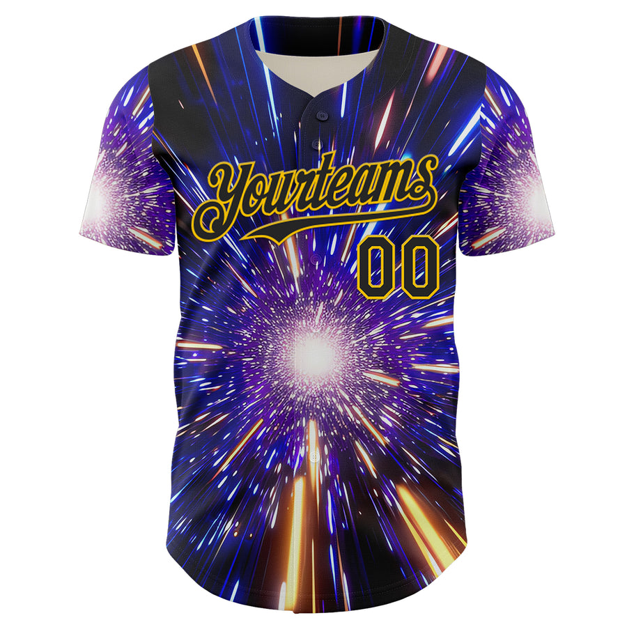 Custom Blue Black-Yellow 3D Pattern Design Outer Space Time Travel Authentic Baseball Jersey