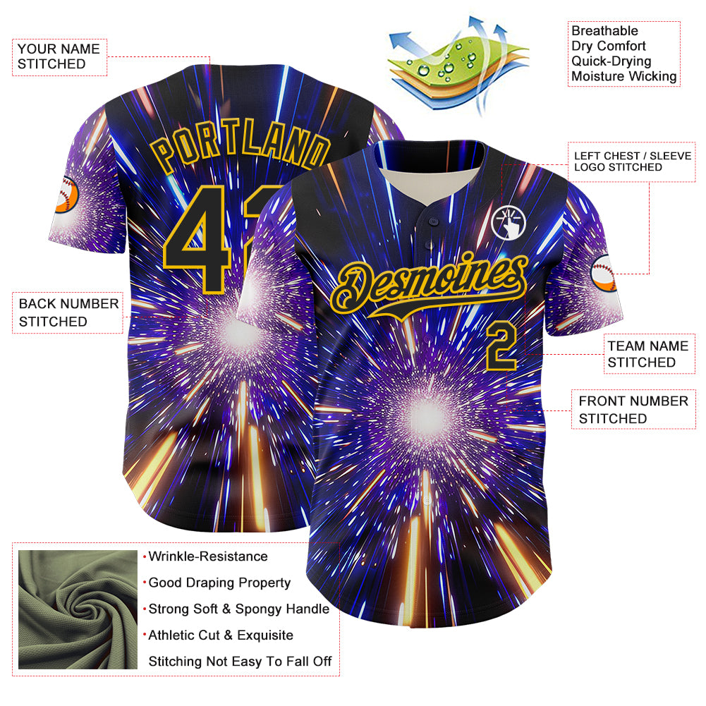 Custom Blue Black-Yellow 3D Pattern Design Outer Space Time Travel Authentic Baseball Jersey