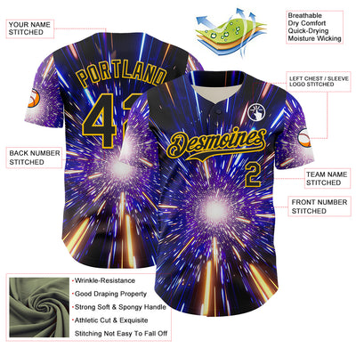Custom Blue Black-Yellow 3D Pattern Design Outer Space Time Travel Authentic Baseball Jersey