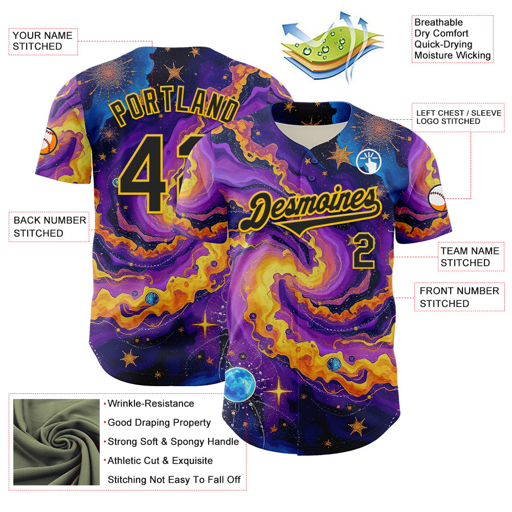 Custom Purple Black-Yellow 3D Pattern Design Outer Space Galaxy Authentic Baseball Jersey