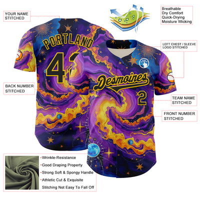 Custom Purple Black-Yellow 3D Pattern Design Outer Space Galaxy Authentic Baseball Jersey