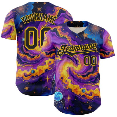 Custom Purple Black-Yellow 3D Pattern Design Outer Space Galaxy Authentic Baseball Jersey