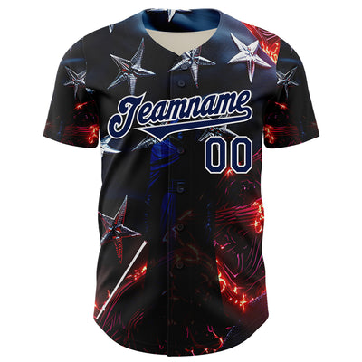 Custom Blue Navy-White 3D Pattern Design Outer Space Light Swords American Flag Authentic Baseball Jersey