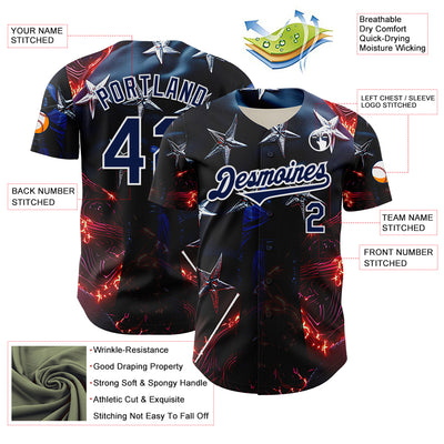 Custom Blue Navy-White 3D Pattern Design Outer Space Light Swords American Flag Authentic Baseball Jersey