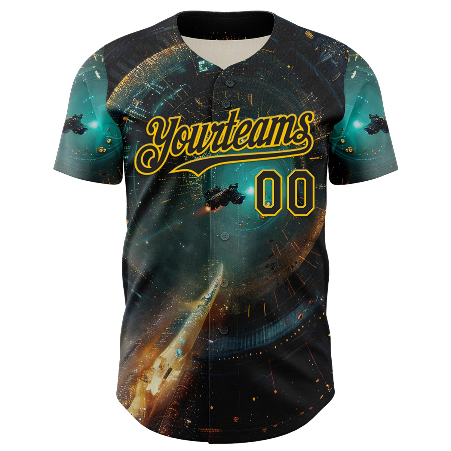 Custom Blue Black-Yellow 3D Pattern Design Outer Space Starships Authentic Baseball Jersey