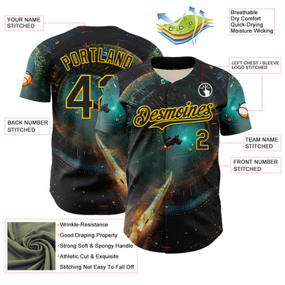 Custom Blue Black-Yellow 3D Pattern Design Outer Space Starships Authentic Baseball Jersey