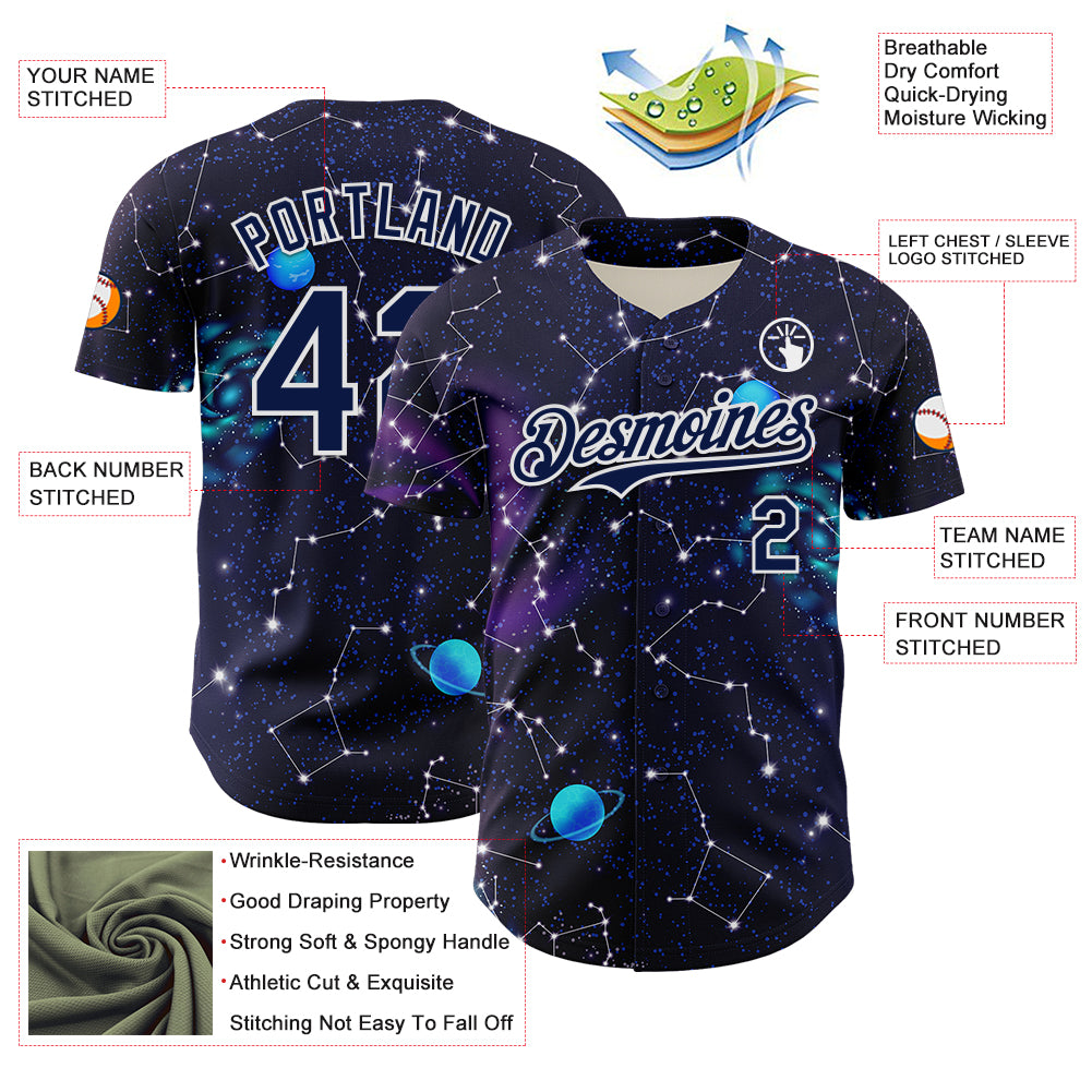 Custom Dark Purple Navy-White 3D Pattern Design Outer Space Galaxy Solar Authentic Baseball Jersey