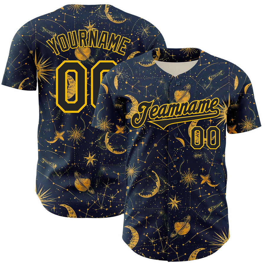 Custom Blue Black-Yellow 3D Pattern Design Outer Space Galaxy Solar Authentic Baseball Jersey
