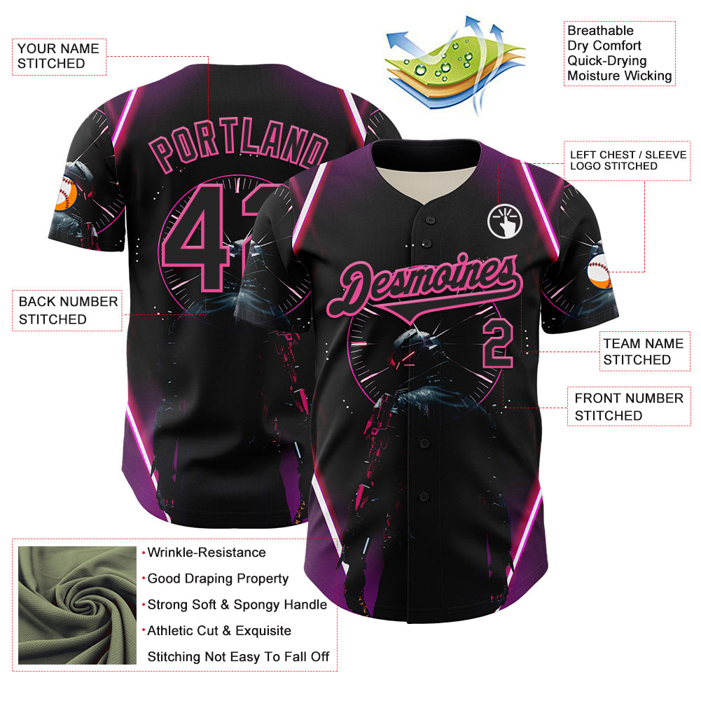 Custom Blue Black-Pink 3D Pattern Design Outer Space Light Swords Authentic Baseball Jersey