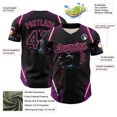Custom Blue Black-Pink 3D Pattern Design Outer Space Light Swords Authentic Baseball Jersey